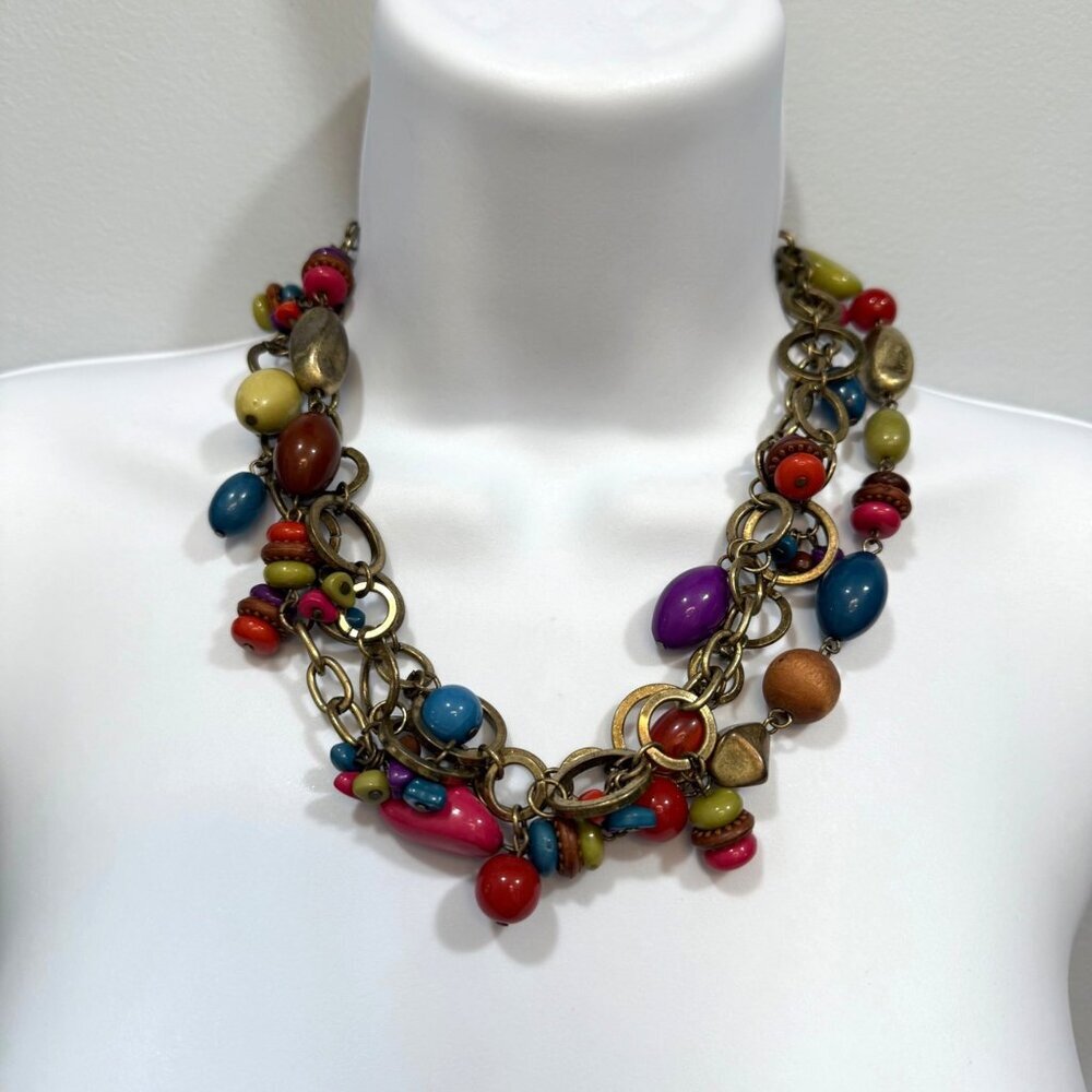 VTG Premier Designs Multi-Color Acrylic Beads & Brass 3 Strand Necklace‎ Boho